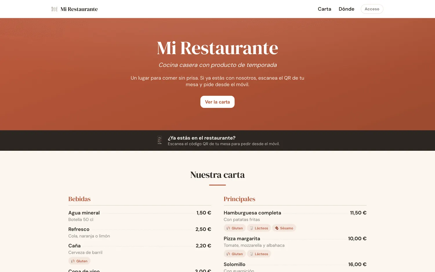 Web de restaurante en escritorio